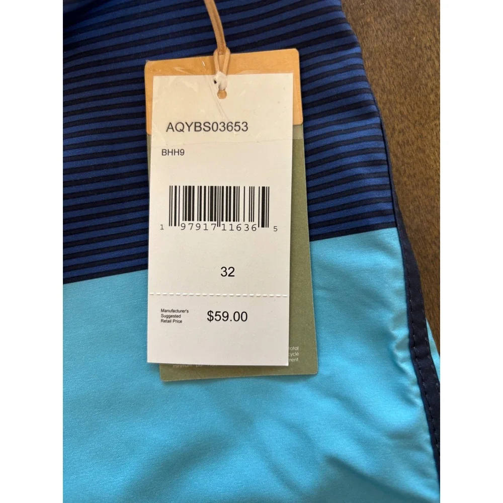 Quiksilver Mens Blue Teal Striped Board Shorts 32 AQYBS03653 Swim Trunks NWT